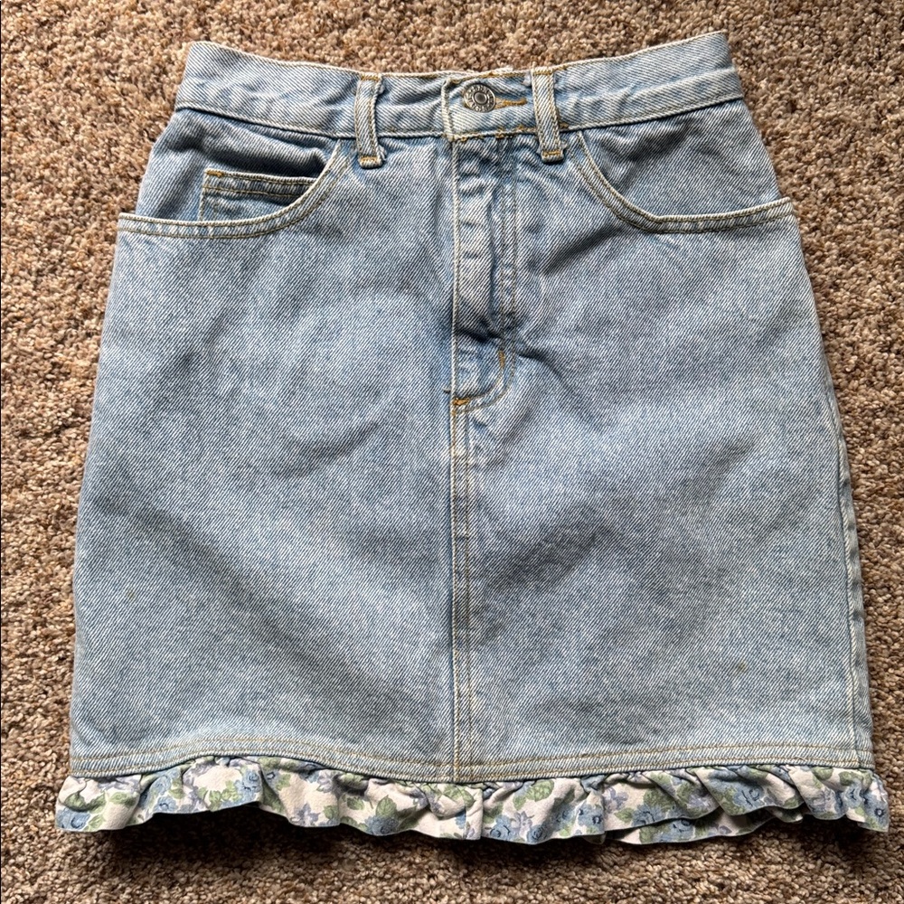 Guess Blue Denim Pencil Skirt with Floral Hem